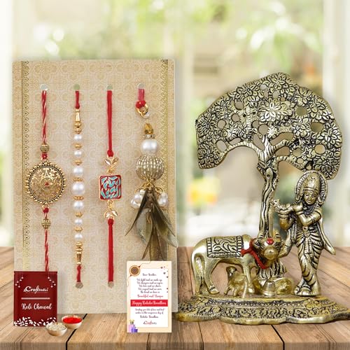 Image of eCraftIndia Designer Peacock Rakhi, Lord Krishna Idol Playing Flute Under Tree with Cow and Calf Showpiece, Roli Chawal Pack, Raksha Bandhan Greeting Card