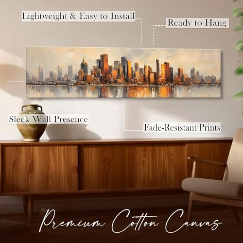 Image of Modern Urban Skyline Stretched Canvas Wall Art Painting for Living Room, Abstract Cityscape Canvas Wall Decor For Livingroom, Bedroom, Office, Hallway's, Hotel 12x46 Inch