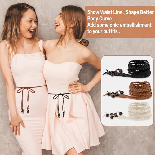simarro 3 Stück Damen Dünne Geflochtene Taille Gürtel, Geflochtener Schmaler-Gürtel Damen Flechtgürtel Dekorativen Taillengürtel Gürtel für Kleid