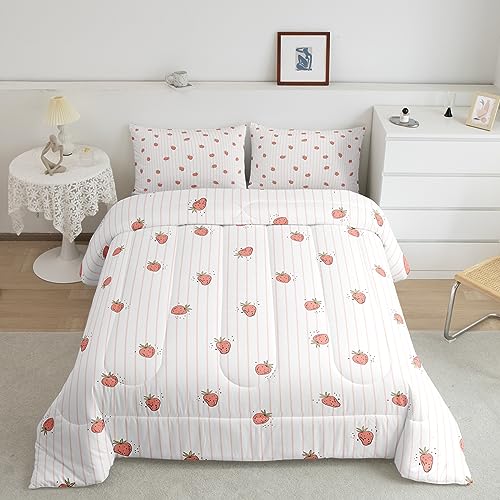 Feelyou Cute Strawberry Comforter Set for Girls Queen Size Kawaii Bedding with 2 Pillowcases