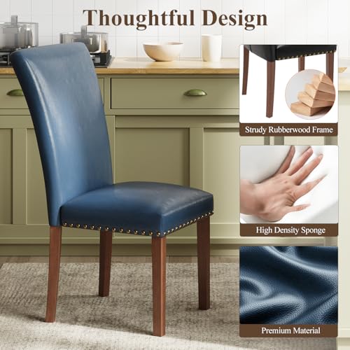 Image of Farmhouse Dining Chairs Set of 2, High Back with Wooden Legs and Nailhead Trim, Modern Fabric Dining Room Chair for Kitchen /Restaurant