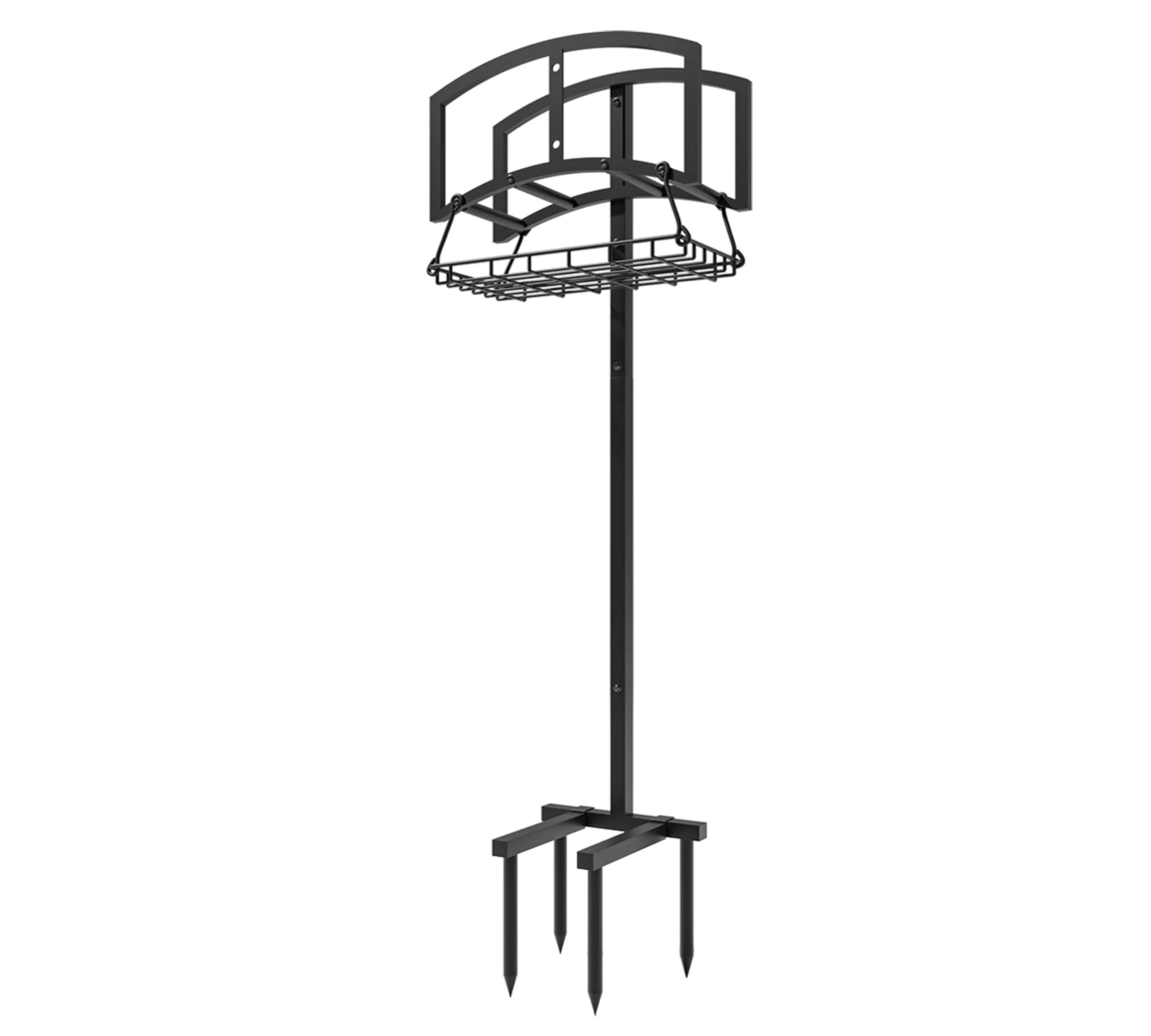 Soporte para manguera de jardín con cesta de almacenamiento, organizador de manguera independiente resistente, recubierto de polvo negro, diseño desmontable con capacidad para manguera de 150