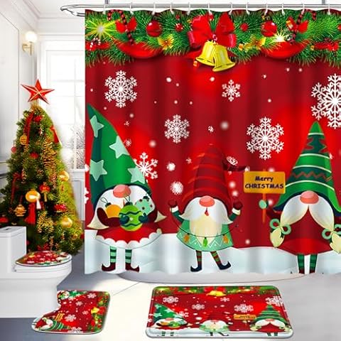 YOKYHOM Christmas Gnome Shower Curtain Set, 4 Pcs Bathroom Sets with Shower Curtain and Rugs, Incl 71'' x 71'' Shower Curtain 12 Hooks,Non Slip Bath Mats,Toilet Lid,Oval Rug. Christmas 3 Dwarfs Decor Cover