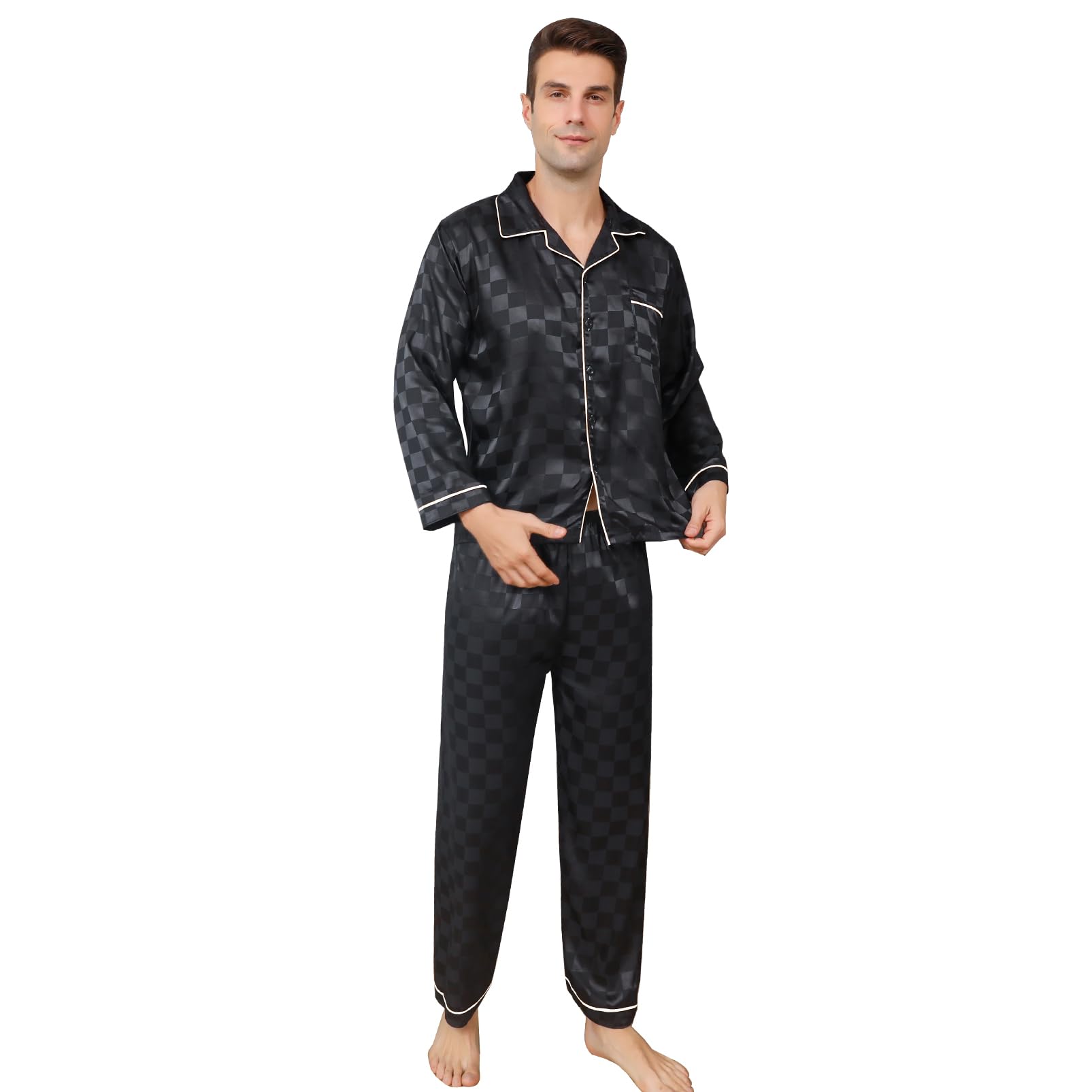 aisomnus Mens Silky Satin Pj Sets black pattern Man Pajamas Set-picture-33