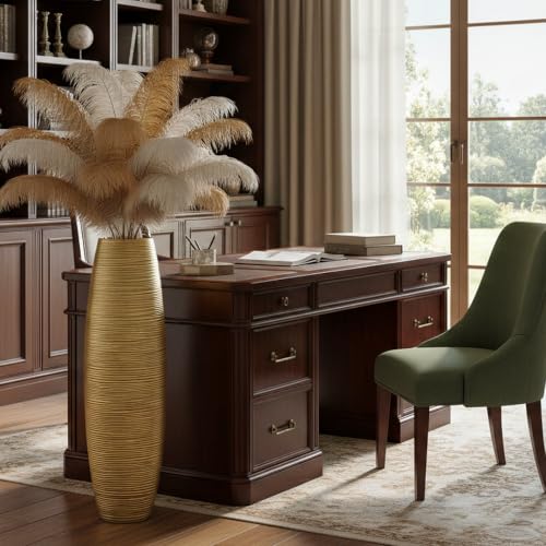 Image of Large Floor Vase 35.4 inch Gloss Gold, Resin Wide-Body Vase with Horizontal Ribbed Texture for Dried Pampas Grass Branches, Modern Home Decor for Living Room Corner Entryway