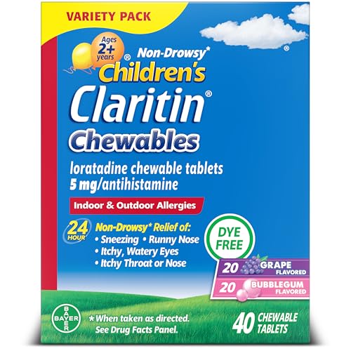 Image of Claritin Children's Allergy Medicine, 24-Hour Non-Drowsy Loratadine 5mg Chewable Tablet, Antihistamine for Kids Ages 2 Years and Older, Grape & Bubble Gum Flavors, Dye-Free, 40 Tablets