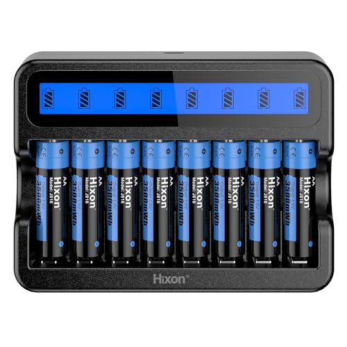 Hixon Lot de 8 piles AA rechargeables au lithium AA 1,5 V 3500 mWh avec 8 emplacements pour écran LCD intelligent, rechargeables et durables