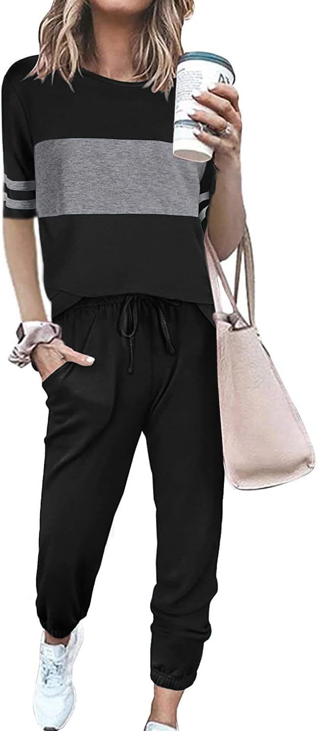 Women's 2 Piece Outfit Lightweight Half Sleeve Crewneck Top and Long Sweatpants Matching Sets Comfortable Tracksuit