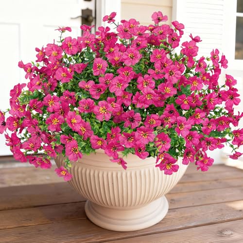 Image of Bassion 16 Bundles Artificial Flowers for Outdoors Fake Flowers, Fuschia | UV resistant, silk flowers, realistic faux plants for outdoor planter, window box porch patio garden home outside decor