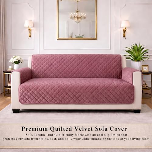 Image of STITCHNEST 'Airsoft Range Series' Solid Quilted Velvet Sofa Cover for 1 Seater | Premium Soft Velvet Sofa Protector | Peach Diamond Quilted Design with Armrest Pockets | Furniture Cover