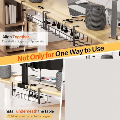 Image of Ragro 2 Pcs Cable Management Under Desk Tray, Drill-Less Wire Management with Upgraded Clamp, Metal Cord Organiser Rack, Black, 2 Pack