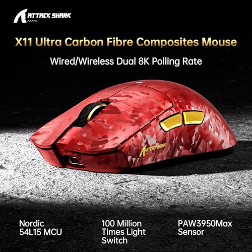 Image of ATTACK SHARK X11 Ultra 8K Carbon Fiber Tri Mode Wireless Gaming Mouse-Red | 42000 DPI-PAW3950 MAX Sensor-63g Lightweight,Nordic 54L15 MCU Chip,Wired /BT /2.4Ghz,100 Million Clicks,Programmable for PC Mac