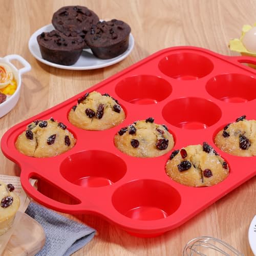 Image of CAKETIME Silicone Muffin Pan, Metal Reinforced Frame Silicone Cupcake Pan Regular Size 12 Cups Nonstick Muffin Tins for Baking Easy to Move 2 Pack Red