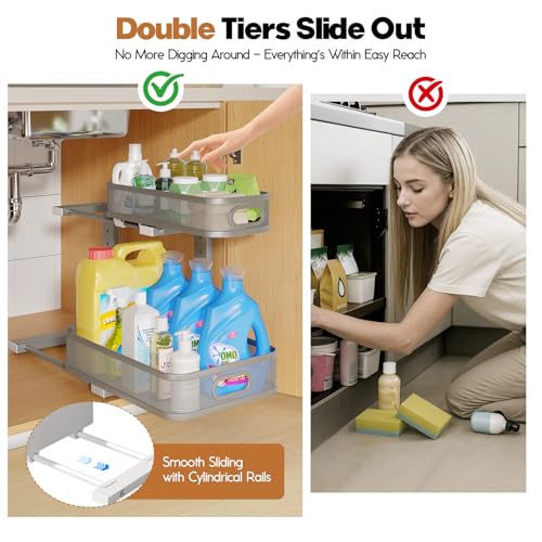 Image of 1 Pack 15.7IN-Depth Under Sink Organizer With Smooth Cylindrical Rail,2-Tier Pull Out Multi-Purpose Cabinet Storage for Bathroom&Kitchen,Height Adjustable,Rust-resistant Coating-Gun Gray