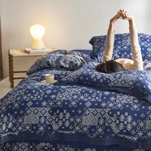 VM VOUGEMARKET Bohemian Duvet Cover Queen Navy Blue White Geometric Duvet Cover Yarn-Dyed Cotton 3 Pieces Jacquard Comforter Cover with Zipper Closure,Navy Blue/White