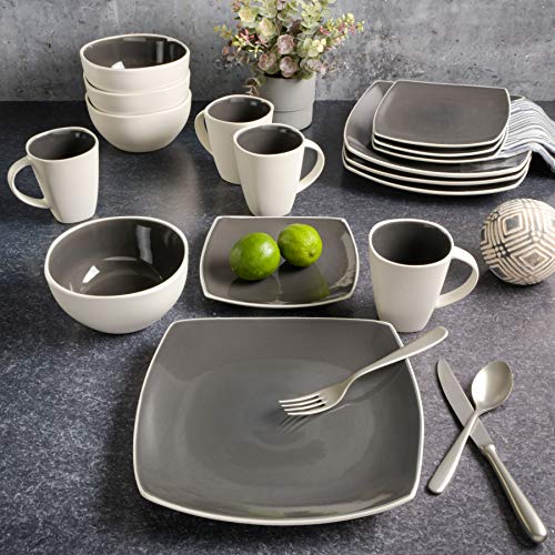 Gibson Soho Lounge Square Reactive Glaze Stoneware Dinnerware Set, Service For 4 (16Pc), Grey/White #TOP5