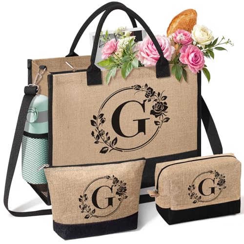 Presentes personalizados para mulheres, bolsa de praia com monograma, inicial de juta, presentes de dia das mães e aniversário para mãe, amigas, Bege
