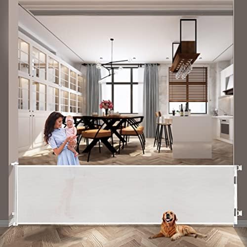 Retractable Baby Gate,Mesh Baby Extra Wide Gate,Extra Long Dog Gate, 33" Tall,Large Extends up to 118" Wide,Child Safety Extra Large Gate for Doorways, Stairs, Hallways,Indoor/Outdoor(33"x118",White)
