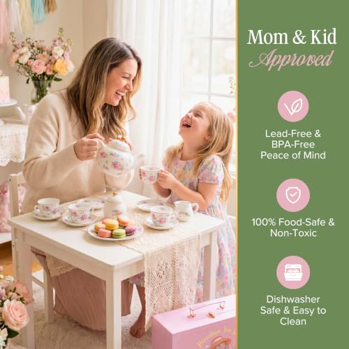 Image of Giggle & Honey White Floral Tea Party Set for Little Girls, Porcelain Kids Tea Set with Carry Case, Teapot Cups & Saucers, Princess Tea Time Birthday Gift for Girls Ages 3, 4, 5, 6, 7, 8