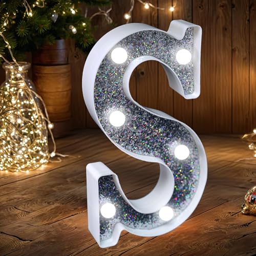 Letras LED de carpa con luces, letrero de letras plateadas brillantes alimentado por batería para luz nocturna, decoración para boda, fiesta de cumpleaños, casa, baby shower - S