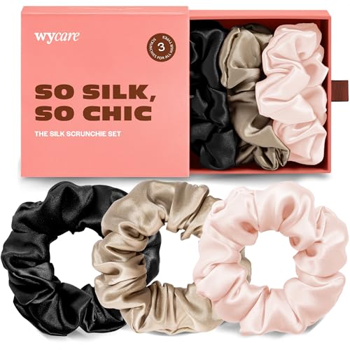 Wycare 100% Silk Scrunchies - Gentle on Hair Mulberry Silk Scrunchies for Women - Luxurious Sleep Ties for Women's Curly Hair (Set of 3 Blush)