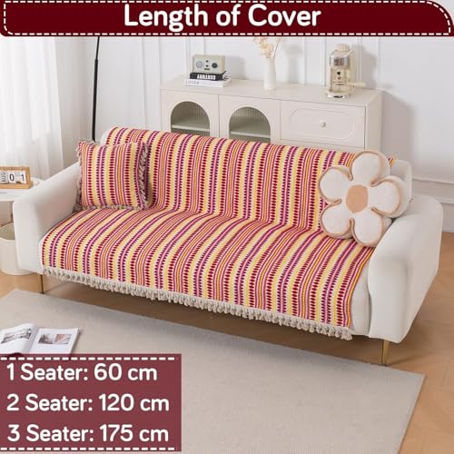 Image of HOKIPO 'Artisan Boho Series' Sofa Cover with Tassel | 450 GSM Cotton Acrylic Jacquard Sofa Cover for 3 Seater Sofa, Size 152x175 cm, Ruby Red (NEW-IN-909-A6)