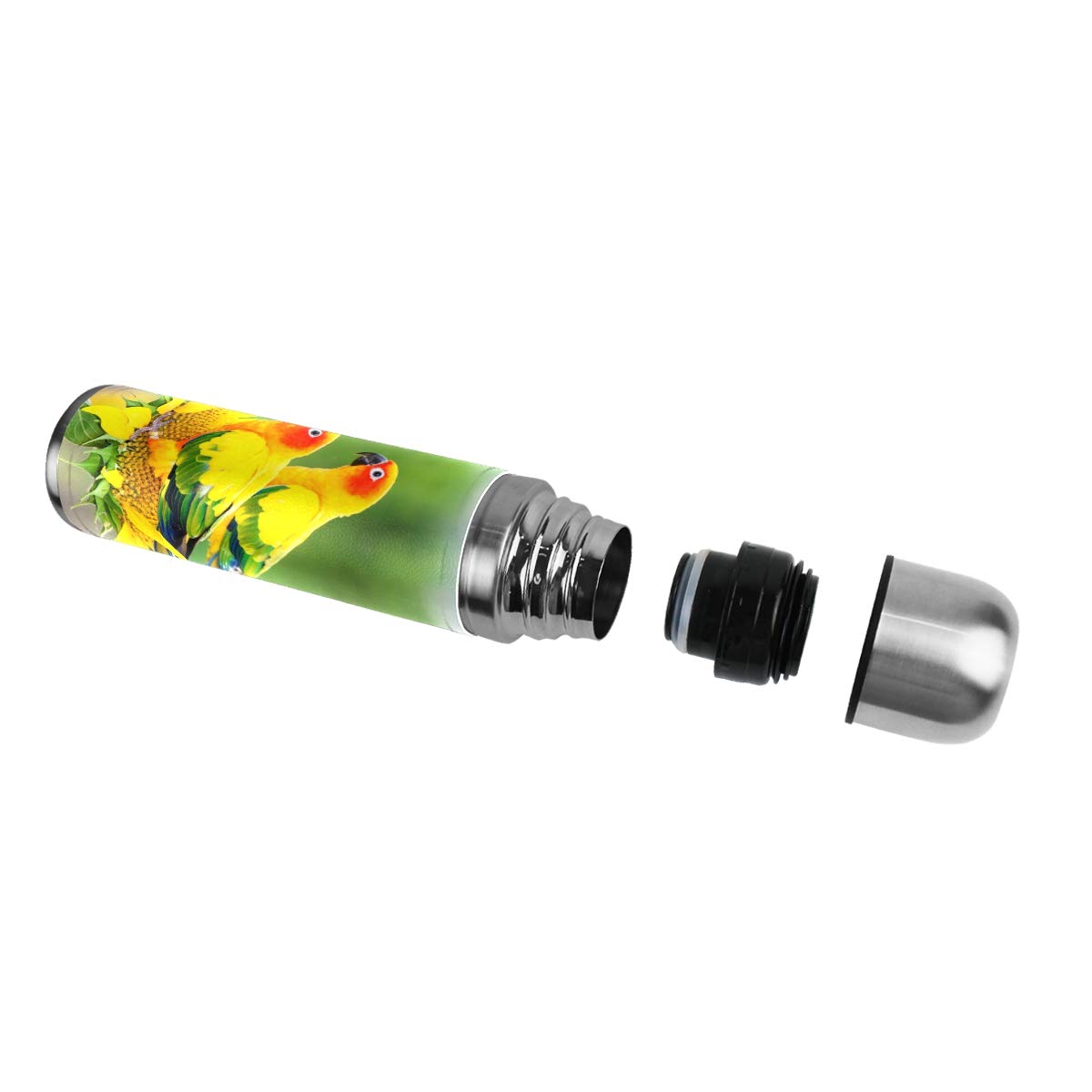 Taza de viaje de acero inoxidable con aislamiento al vacío, doble pared, a prueba de fugas, diseño de girasol, colorido loro, impreso personalizado, termo envuelto en piel auténtica, 500 ml
