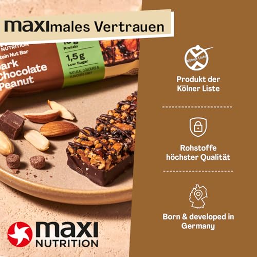 MaxiNutrition Dark Chocolate Peanut Nussriegel vegan 12x46g – Protein Riegel aus ganzen Nüssen mit 22% Protein, plant based, ohne Zuckerzusatz, ohne künstliche Aromen