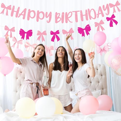 Image of Pink Coquette Birthday Banner - Sweet Bow Happy Birthday Decorations 3 Pcs Hanging Ribbon Banner Streamers Garland Decor for Girls Women Party Decoration Supplies