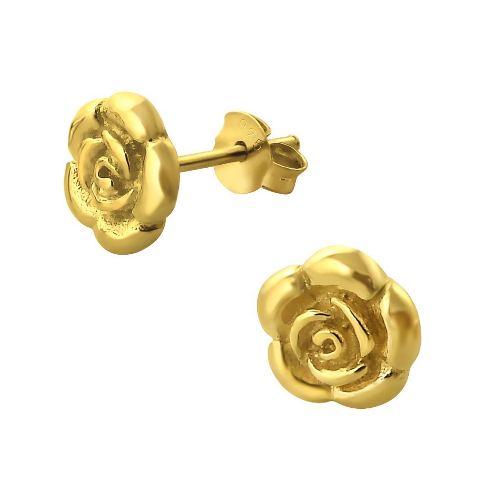 Regalo di San Valentino - Orecchini a rosa miniatura di Shrieking Violet¨ Orecchini a goccia in argento sterling placcato oro con rose vere. Regalo di gioielleria romantico – Shrieking Violet