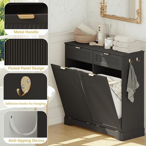 Image of Double 13 Gallon Tilt Out Trash Can Cabinet,Garbage Cabinet with Drawer | Hidden Garbage Storage with Fluted Design, Drawer & Hooks for Kitchen, Dining Room and Small Space Organization,Black