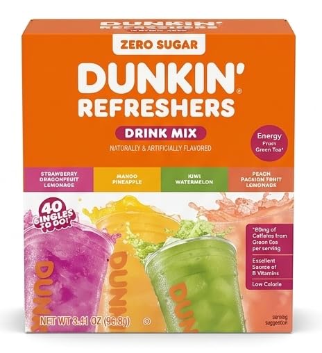 Dunkin' Refreshers Zero Sugar Drink Mix, 4 Flavours, 40 Singles to Go, Energy from Green Tea, 96.8g by febora foods-image-34