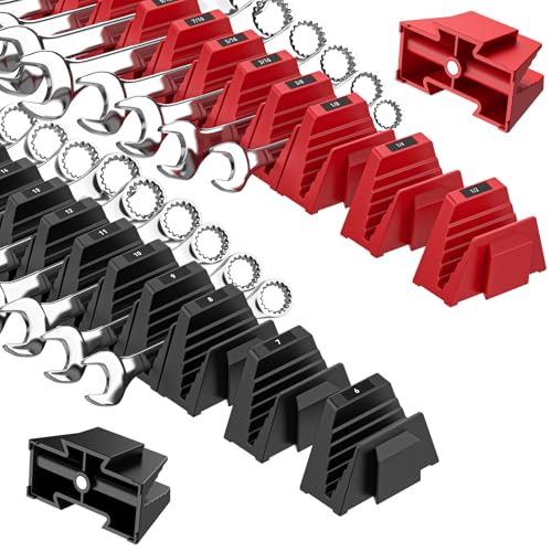 PINOZE Lot de 48 organiseurs de clés modulaires magnétiques pour tiroirs à outils – Noir et rouge – Porte-clés avec étiquettes métriques et SAE,...