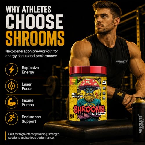 Image of Absolute Nutrition SHROOMS Pre Workout Powder (60 Servings, 500g) | With Beta Alanine, L-Citrulline DL-Malate 2:1, Cocoa Bean Extract & Bitter Orange | (Strawberry Kiwi)