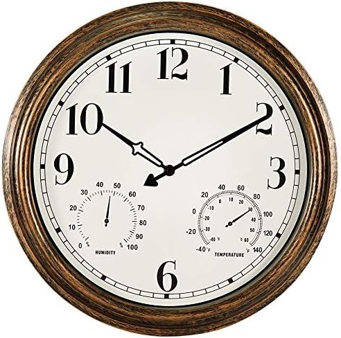 16 Inch Large Outdoor Wall Clock,Waterproof Vintage Non-Ticking Clock with Thermometer and Hygrometer Combo,Battery Operated Clock Wall Decorative- Bronze