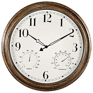 Image of 16 Inch Large Outdoor Wall Clock,Waterproof Vintage Non-Ticking Clock with Thermometer and Hygrometer Combo,Battery Operated Clock Wall Decorative- Bronze