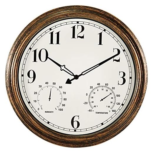 16 Inch Large Outdoor Wall Clock,Waterproof Vintage Non-Ticking Clock with Thermometer and Hygrometer Combo,Battery Operated Clock Wall Decorative- Bronze