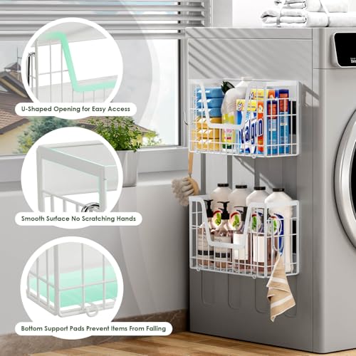 Image of 2 Set Magnetic Fridge Shelf, White Magnetic Fruit Basket for Fridge | Potato and Onion Storage Bins, Wire Baskets Magnet Shelves Spice Rack for Refrigerator Laundry Kitchen Organizer and Storage