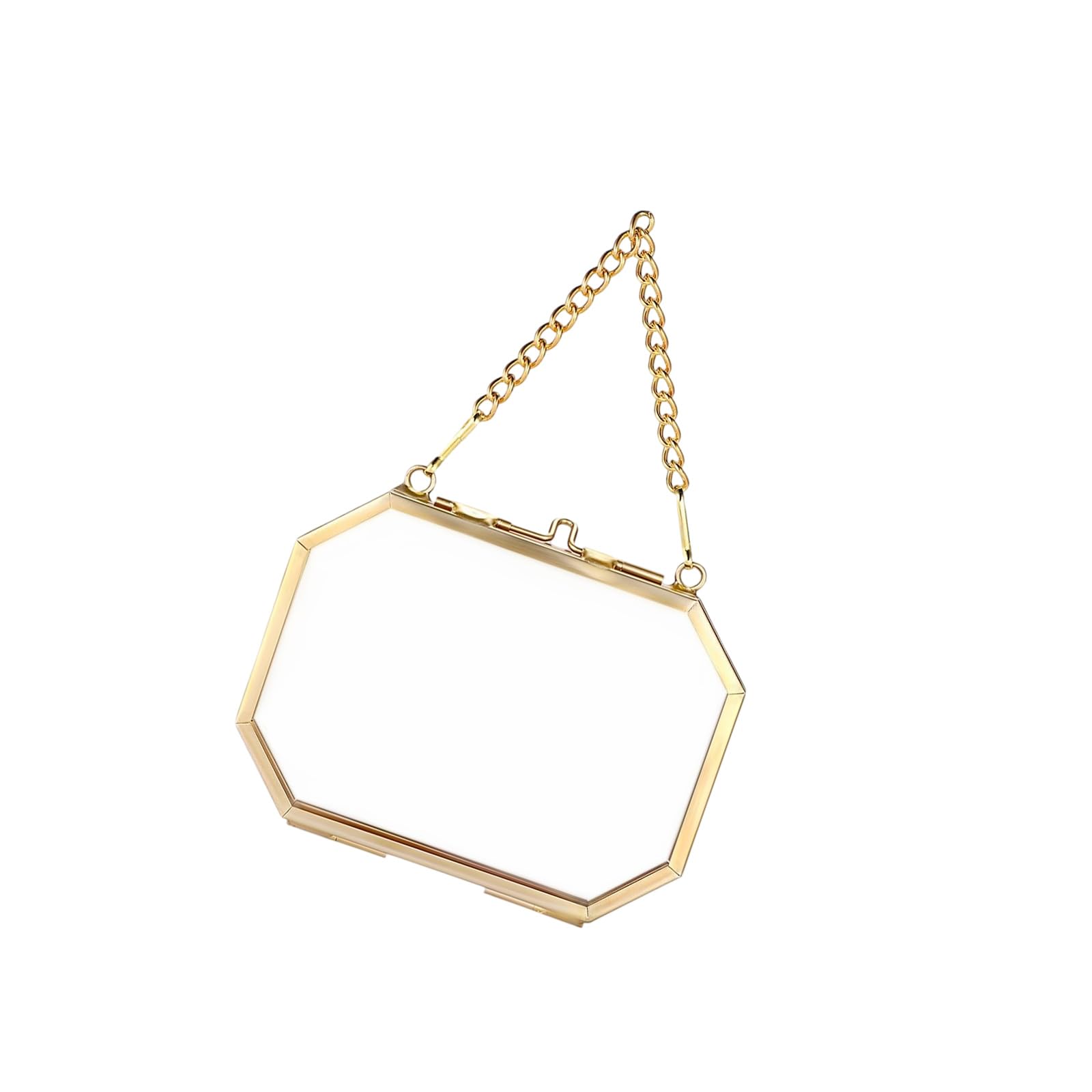 Elnwnnkc Octagonal Pressed Flower Frame Golden Floating Photo Frame Metal Hanging Picture Frames with Chain Art Display Metal Glass Photo