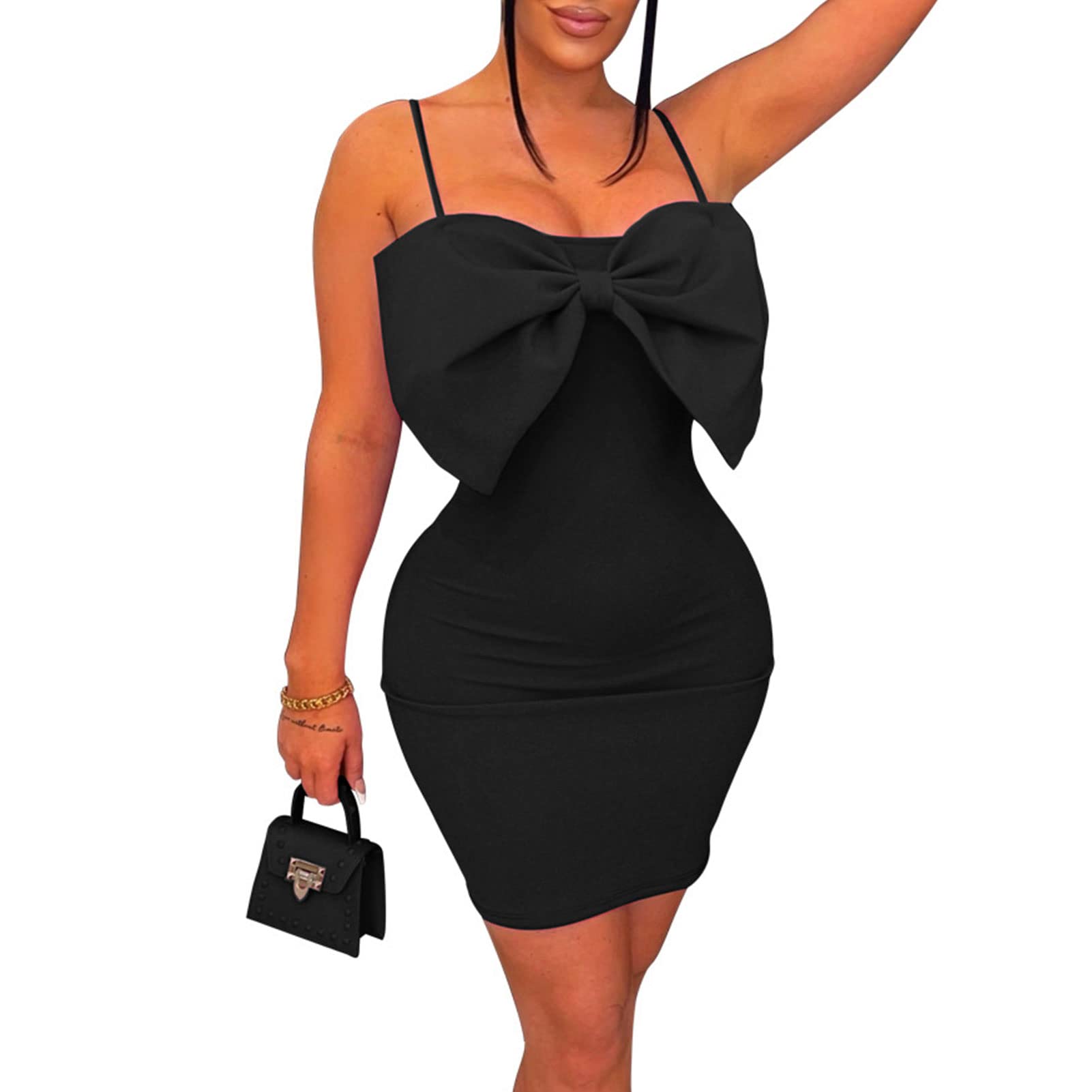 Ryehack Women Ruffle Bowknot Dress Sexy Bodycon Spaghetti Casual Mini Party Summer Black Sundresses