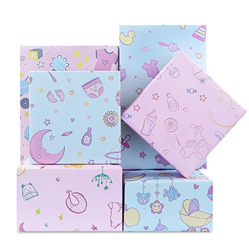 Papel de regalo de cumpleaños para niños y niñas, 6 hojas con 6 diseños de dibujos animados de bebé, papel de regalo para cumpleaños o baby shower, papel rosa y azul, plegado plano, 50 x 70 cm por hoja
