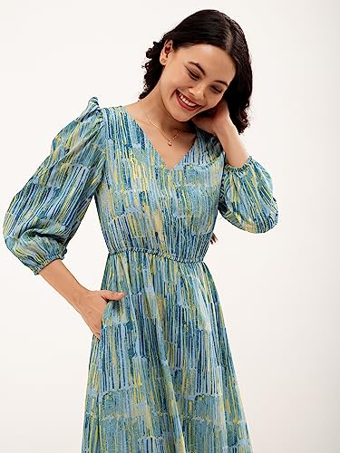 Image of AASK Abstract Printed Puff Sleeve Gathered Detailed Fit Flare Dress