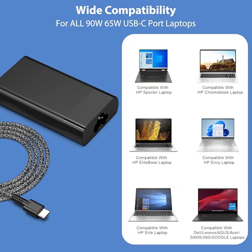 Image of 90W 65W USB C Laptop Charger Power Adapter Replacement for HP Spectre x360, EliteBook 1040 G4,Chromebook Fast Charging Type C Travel Laptop Power Cord Supply