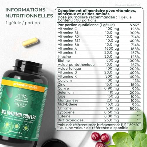 Complexe multivitaminé de Primal Harvest - Complément alimentaire quotidien à base de biotine, de zinc et de vitamines, à dosage élevé, pour hommes et femmes, 30 capsules – Image 3
