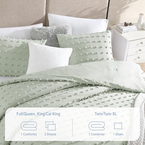 Image of Swift Home Full /Queen Sage Comforter Set - Decorative Tufted Pom Poms Bedding Set - 3 Pieces Bed Linen, 1 Comforter and 2 Pillow Shams
