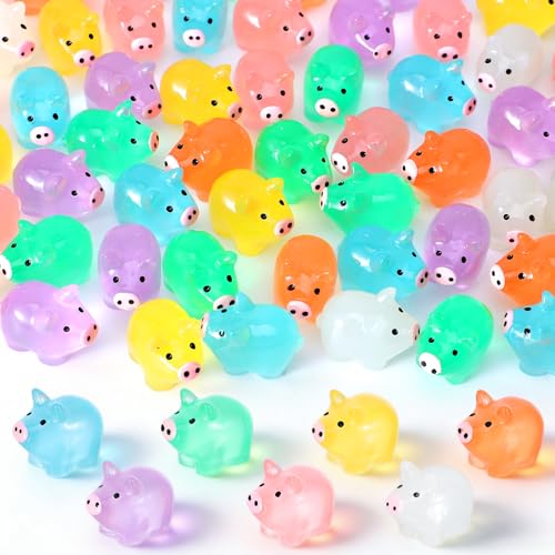 Yolev 56PCS Mini Resin Pig Luminous Miniature Pigs Figures Glow in The Dark Tiny Pigs Figures Micro Fairy Ornaments for Garden Landscape Plant Dollhouses Birthday Decor 7 Colors