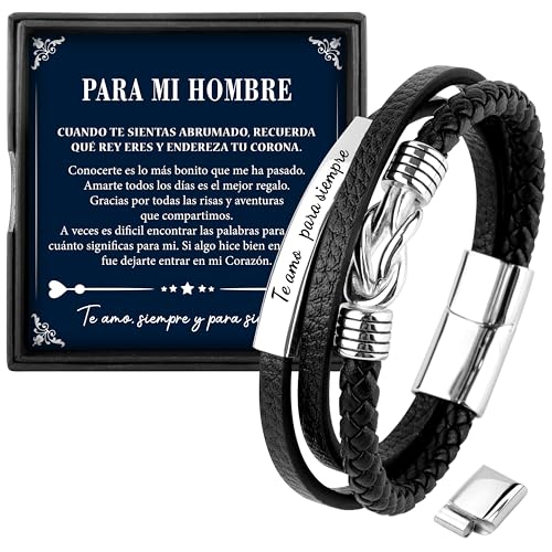 Rebundex Presentes Originais para Homem Pulseira de Couro Conjunto de Colar Homem Prata Presente para Pais/Avô Natal Dia dos Namorados Dia do Pai, Tamanho único, Aço inoxidável