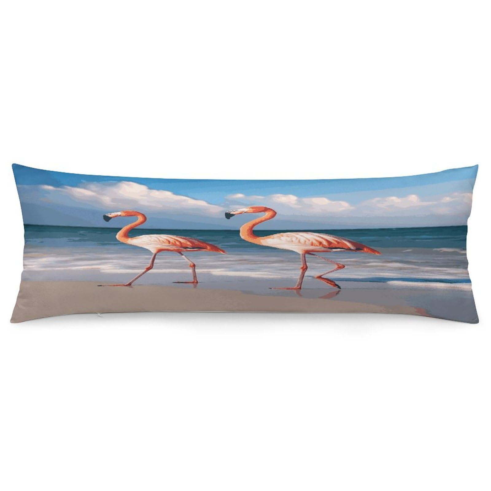 Pink Flamingo Walking on The Beach Pillowcase Decorative Body Pillow Cover Soft Full Long Pillow Case Breathable Large Body Pillowcase Cute Cozy Pillow Sham for Bed Couch Sofa 18.9 X 53 Inch