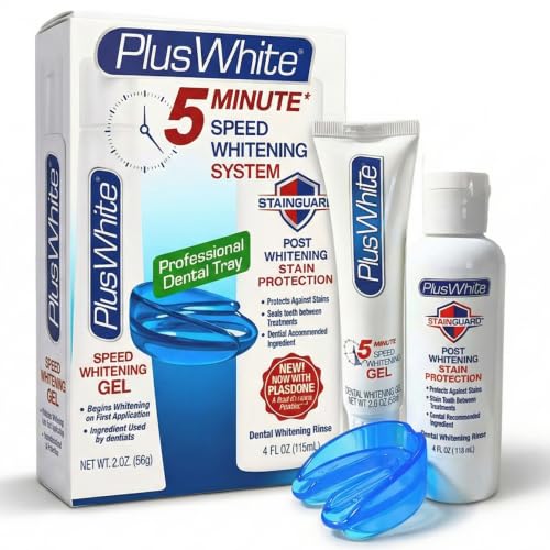 Plus White Premier Whitening System - 5 Minute Speed Whitening Gel, Comfort Fit Mouth Tray & StainGuard Post - Dentist Approved & Professional Grade (2 oz Tube, Mouth Tray and 4 oz Post Rinse)