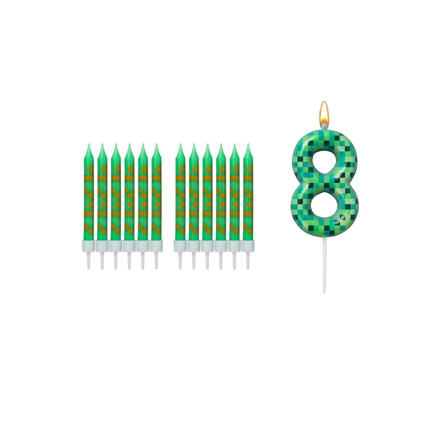 YANGWEN Pixel Game Happy 8th Birthday Candles Set, Number 8 Candle with 12 Long Thin Green Candles, Pixel Cartoon Gaming Theme Birthday Candle for Video Game Party Wedding Baby Shower Decor